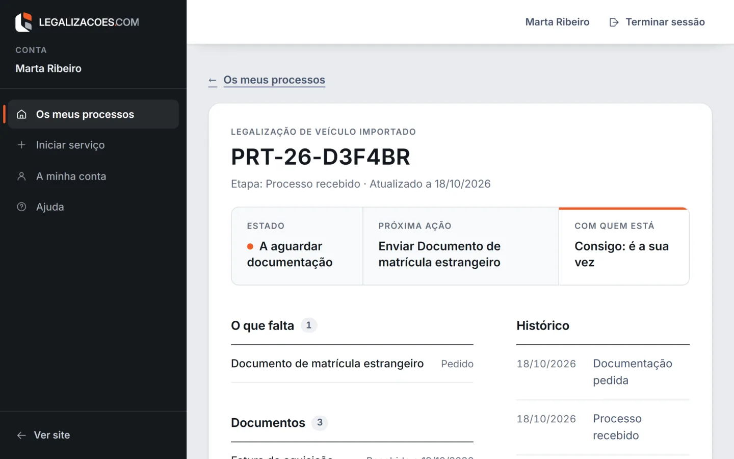 A área pessoal da LEGALIZACOES.COM, aberta num processo de legalização com o estado, a próxima ação e os documentos recebidos